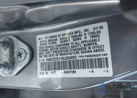 2005 Honda Civic Ex из США, поврежденный, VIN 1HGES26715L024203